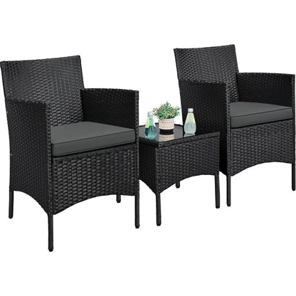 3 Pieces Patio Porch Furniture Set, Outdoor PE Rattan Wicker Conversation Set with Soft Cushions, Glass Coffee Table