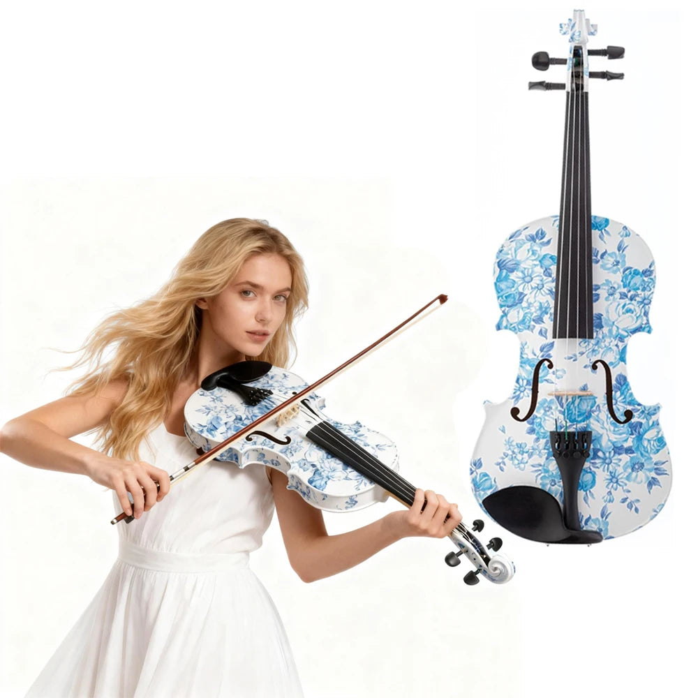 4/4 Blue White Floral Art Violin with Case Bow Rosin & Shoulder Rest