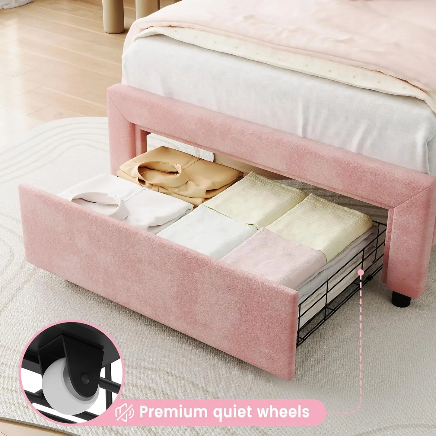 Twin Size Upholstered Princess Bed Frame with Bear-Shaped RGB LED Headboard and Storage Drawer