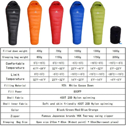 Very Warm White Goose Down Filled Adult Mummy Style Sleeping Bag