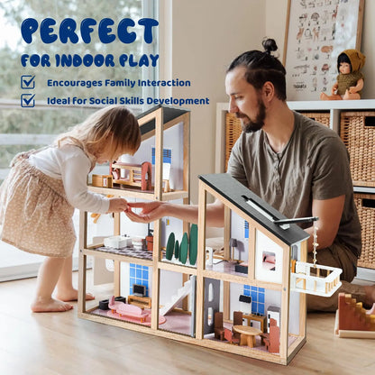Large Wooden Dollhouse Kit with Realistic Furniture Design