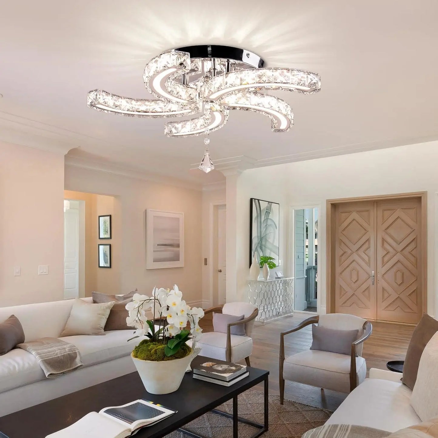19.7" Dimmable Crystal Semi Flush Mount 5-Light LED Modern Chandelier with Remote