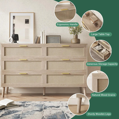 47.2" Rattan 6 Drawer Dresser With Gold Handles Large Storage Dresser For Bedroom