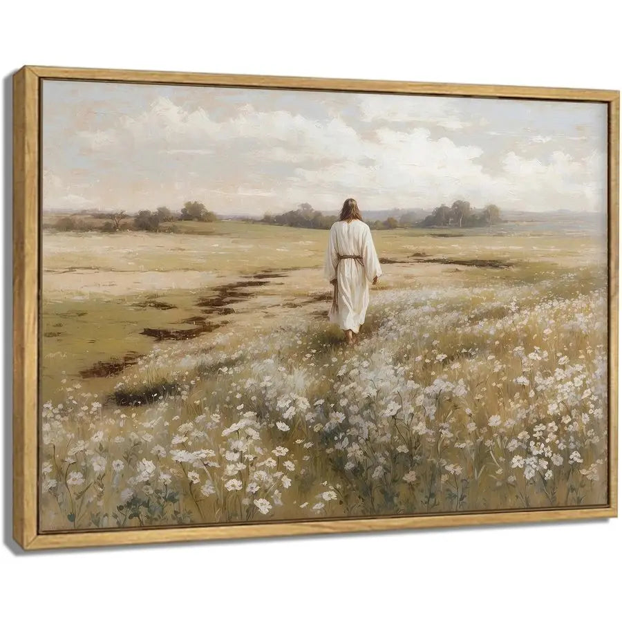 Jesus Walking In Field Painting - Rustic Christian Wall Decor Picture for Living Room Bedroom Home Office Church