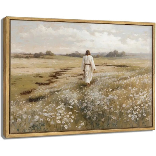 Jesus Walking In Field Painting - Rustic Christian Wall Decor Picture for Living Room Bedroom Home Office Church