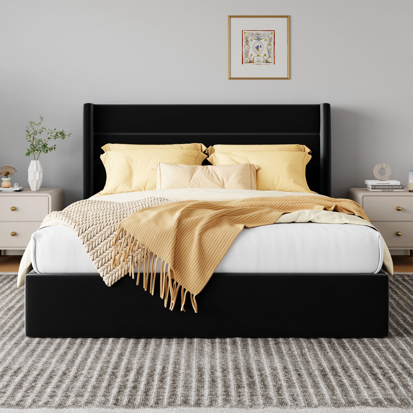 Heavy-Duty Hydraulic Lift Up Storage Bed with Wingback Headboard