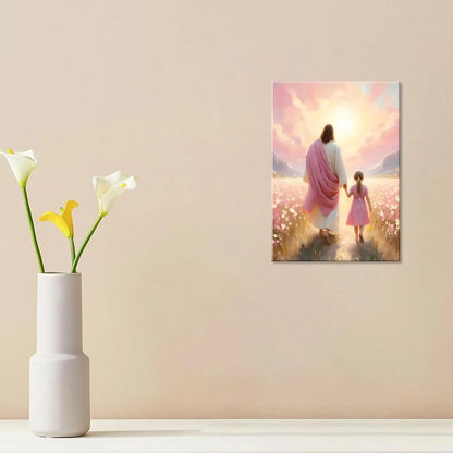 Jesus & Girl Walking Canvas Art - Christian Wall Decor with "The Way He Leads" Concept, "I Will Walk with Christ" Poster Print