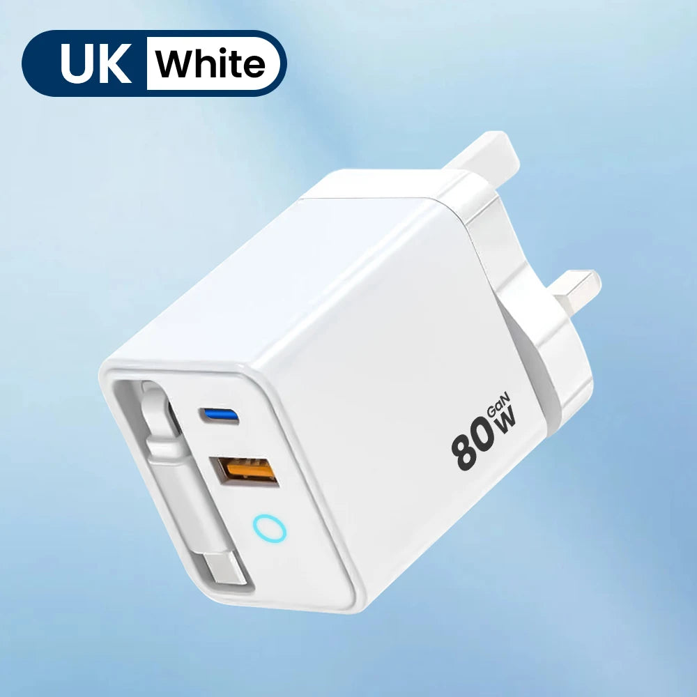 80W Super Fast Charge Type C USB Phone Charger With Telescopic USB C Cable For Iphone 16 15, Samsung, Laptop, With Light