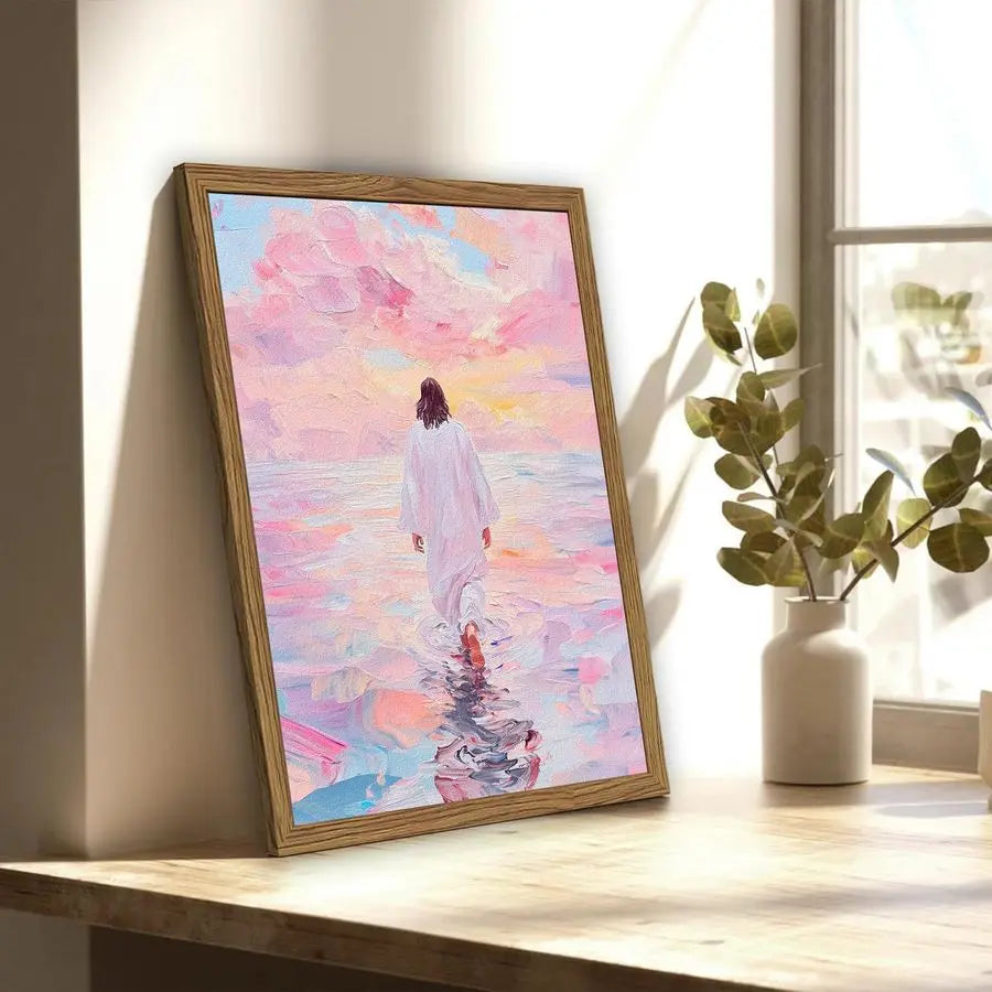 Jesus Walking On Water Wall Art, Frame 3D Textured Hand Drawn Sandstone Christian Wall Decor