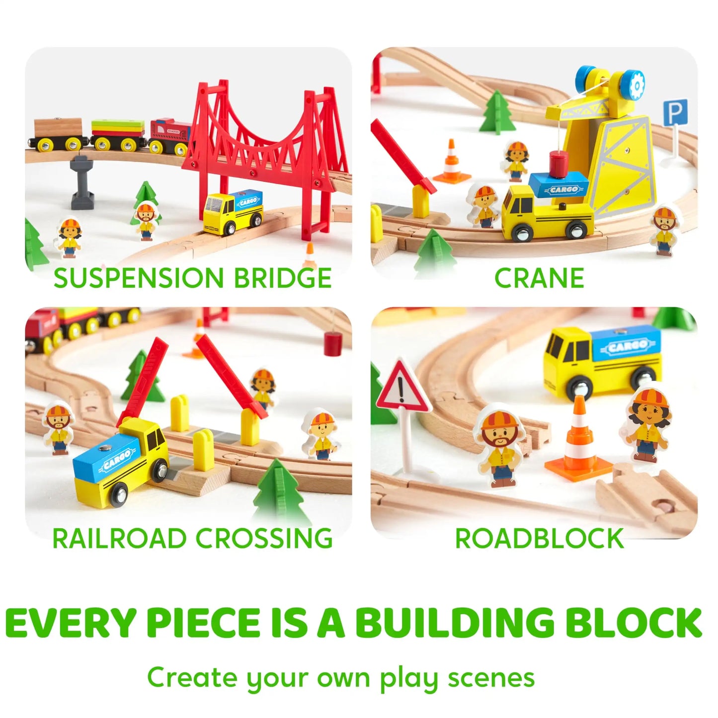 60 Pcs Kids Train Toy With Wooden Tracks & 6 Magnetic Trains Expandable Train Set for Toddlers