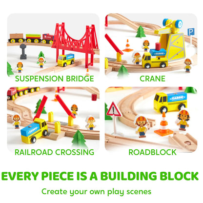 60 Pcs Kids Train Toy With Wooden Tracks & 6 Magnetic Trains Expandable Train Set for Toddlers