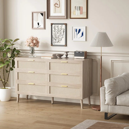 47.2" Rattan 6 Drawer Dresser With Gold Handles Large Storage Dresser For Bedroom