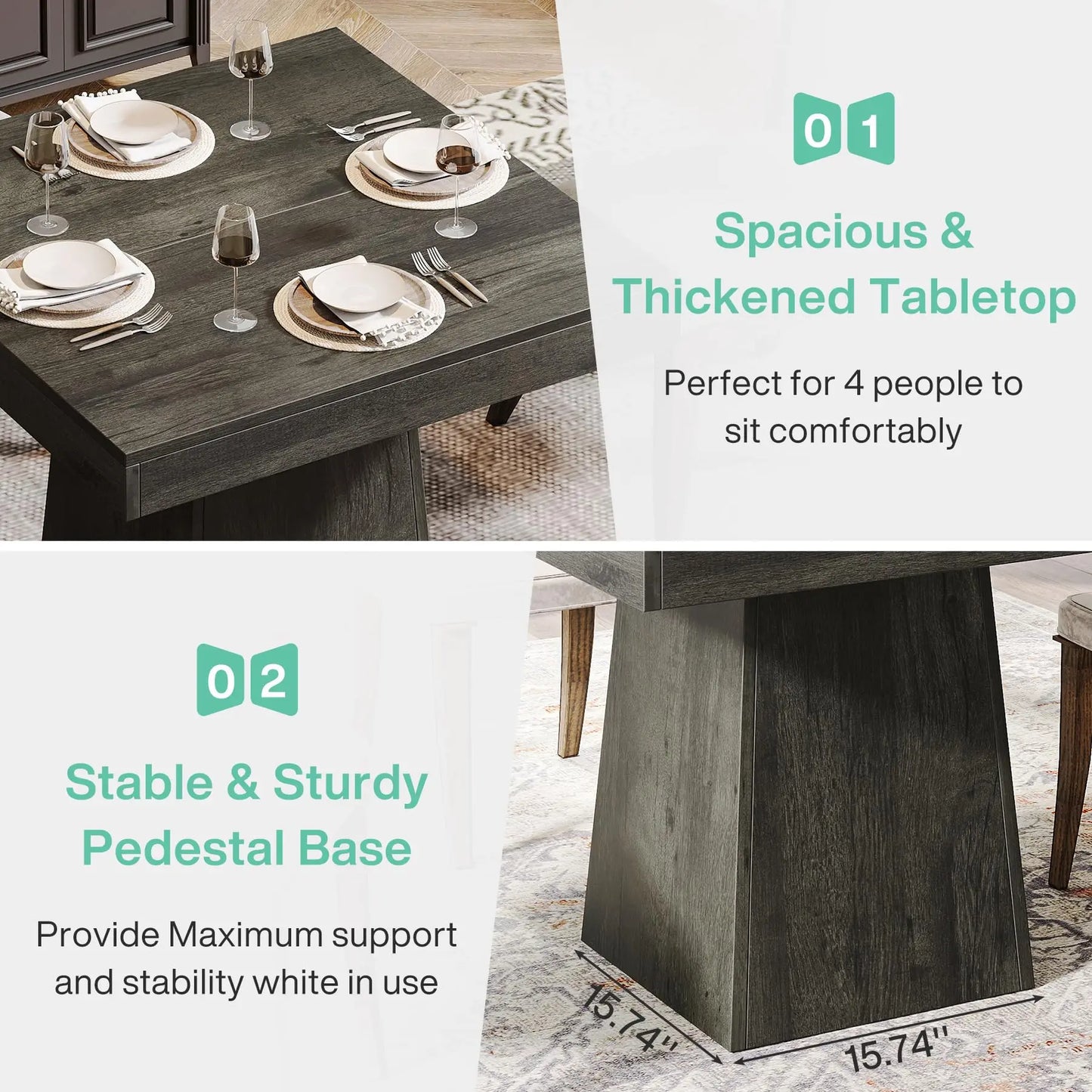 Square Dining Table for 4 with Sturdy Pedestal Base,