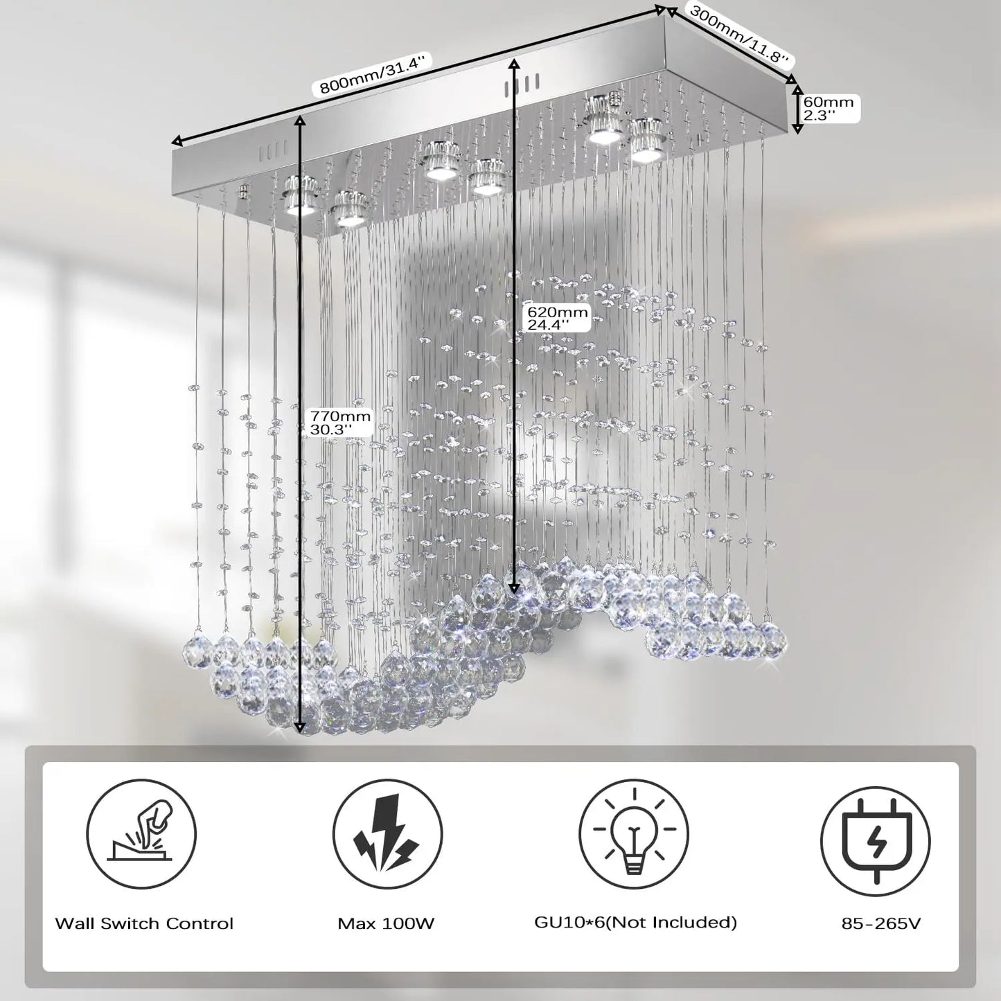 31.5'' Rectangular 6-Light Linear Crystal Chandelier for Kitchen Island