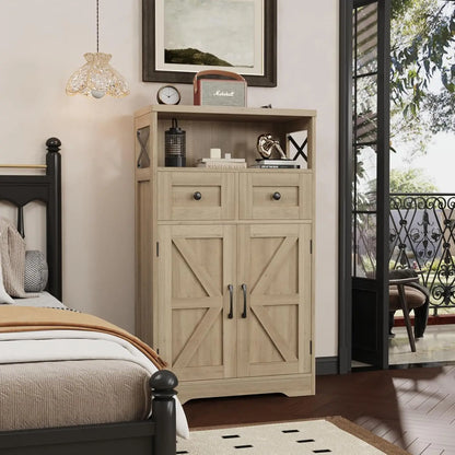 Natural Wood Storage Cabinet with Drawers and Shelves Standing Kitchen Pantry Cabinet for Home or Office