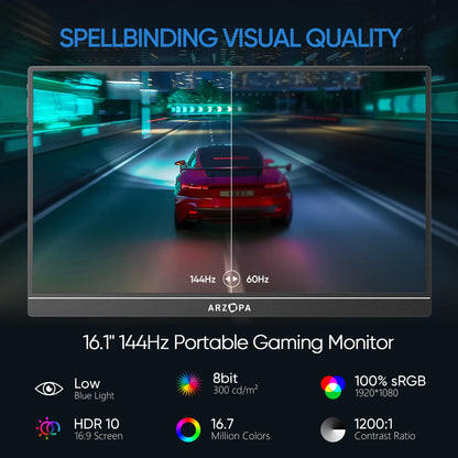 16.1 inches Portable Gaming Monitor 144hz 100%sRGB 1080P FHD IPS Screen Second Screen for Switch, Xbox, PS5, Laptop, Mac, Z1FC