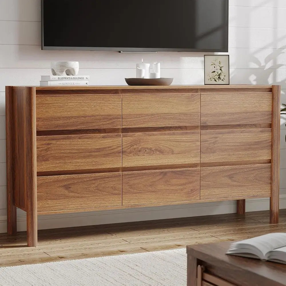 Mid-Century 63 inch wide Chest of Drawers with 9 Drawers and 4 Wooden Legs for Bedroom Storage
