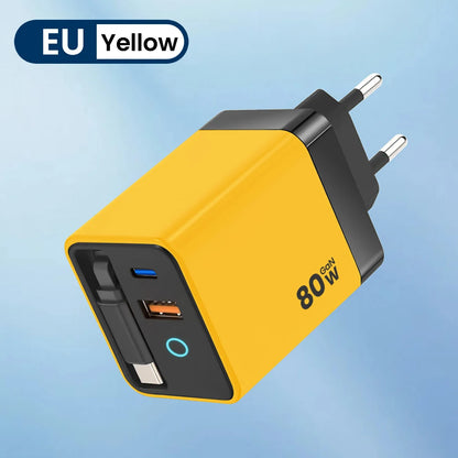 80W Super Fast Charge Type C USB Phone Charger With Telescopic USB C Cable For Iphone 16 15, Samsung, Laptop, With Light