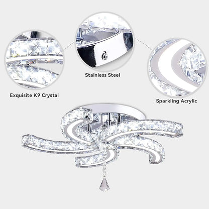 19.7" Dimmable Crystal Semi Flush Mount 5-Light LED Modern Chandelier with Remote