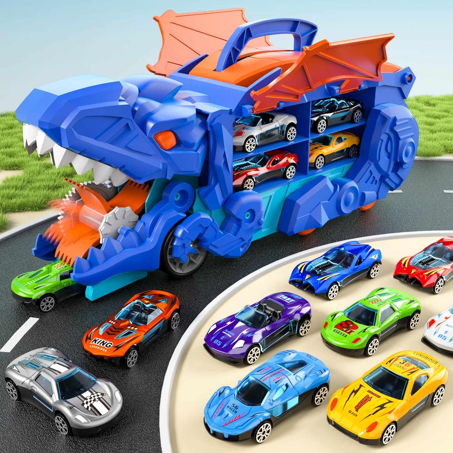 Blue Track Set Devour Dinosaur Transporter Truck With 10 Die-Cast Car Toys