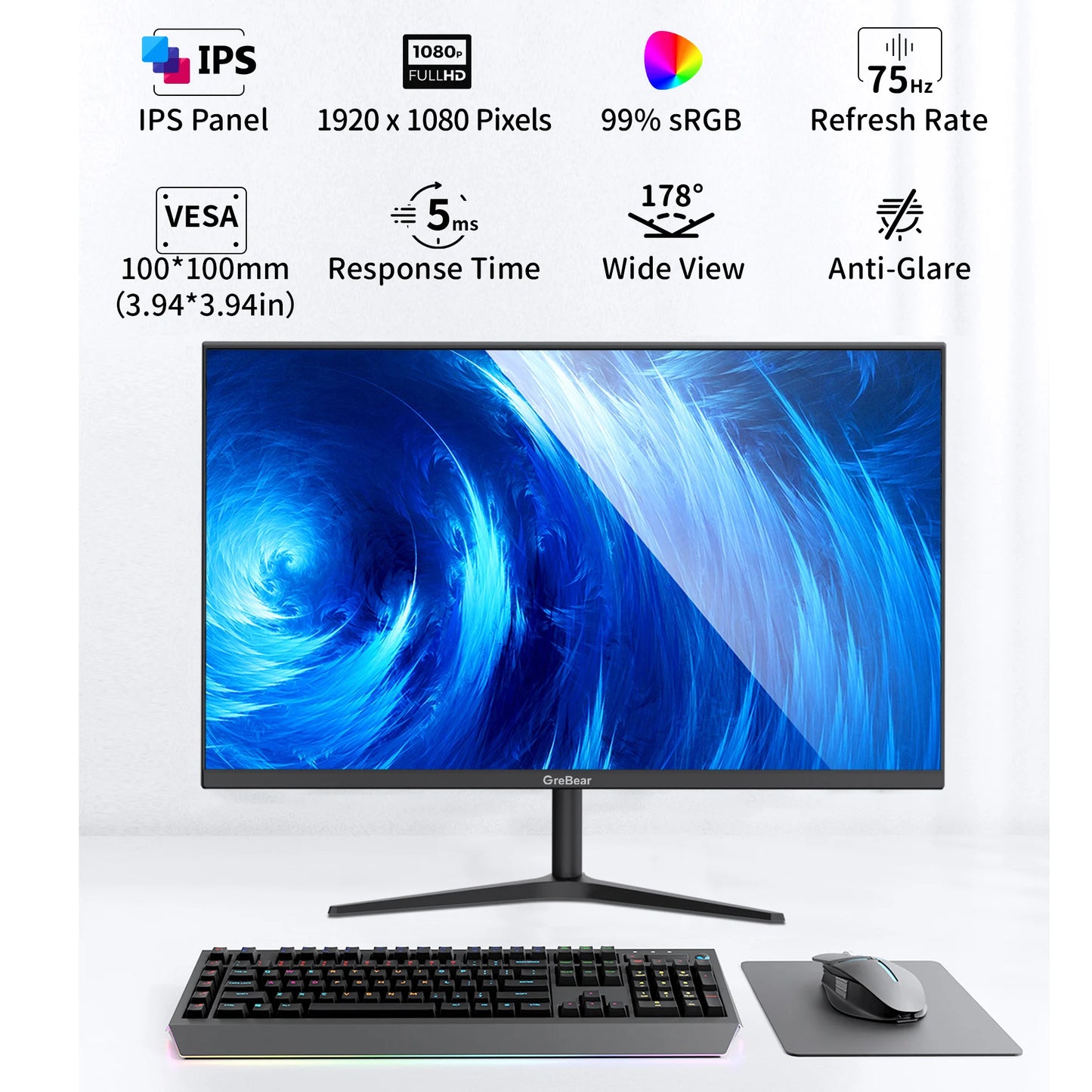 27-inch Computer Monitor IPS Panel PC Monitors FHD 1080p 75Hz LED Display Home Office Desktop Screen, HDMI, VGA