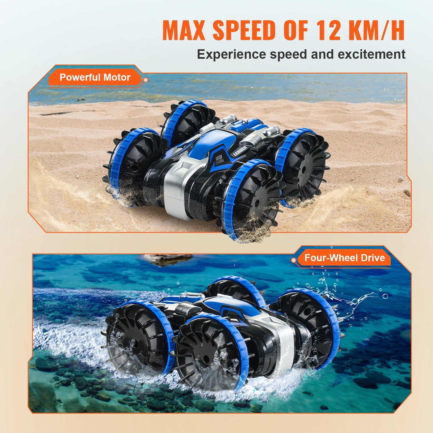 Blue/Yellow Amphibious RC Car/Boat 2.4GHz 12 km/h 360° Rotating Stunt Car Water Beach Pool Toy