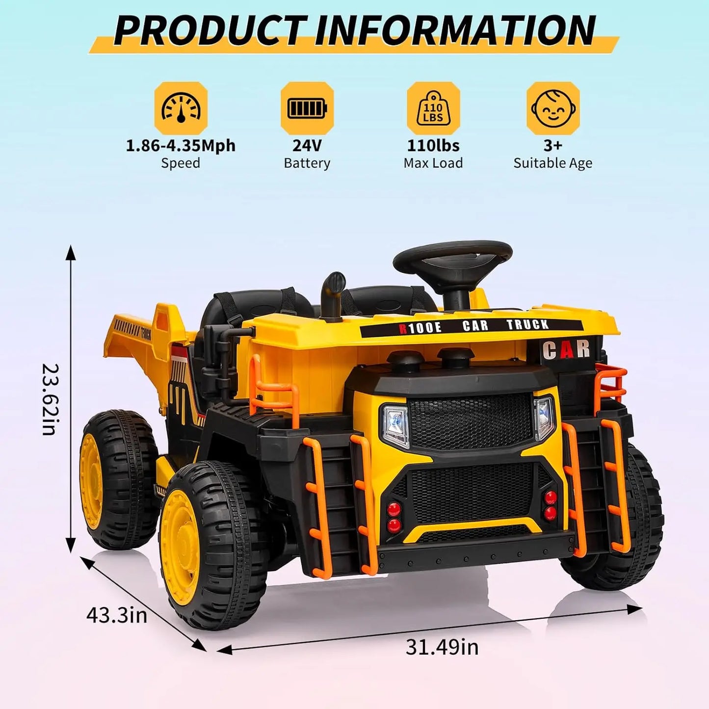 24v Ride on Dump Truck with Remote Control and Extra Shovel, 3 Speeds, Music, Safety Belt