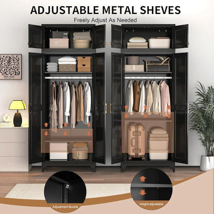 86" Metal Wardrobe Cabinet, Black Armoire Wardrobe Closet with Hanging Rod, Clothes Storage Cabinet