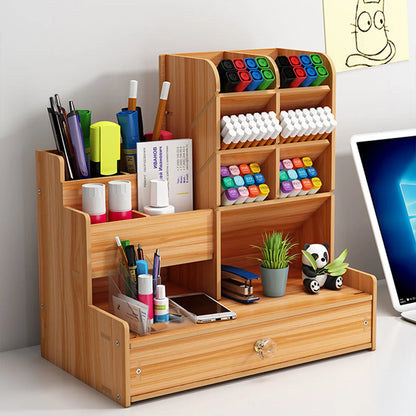 Simple Wooden Pen Holder Storage Box, Stationery Storage Shelf, With Drawer Suitable for Multi Scene Study Rooms Offices
