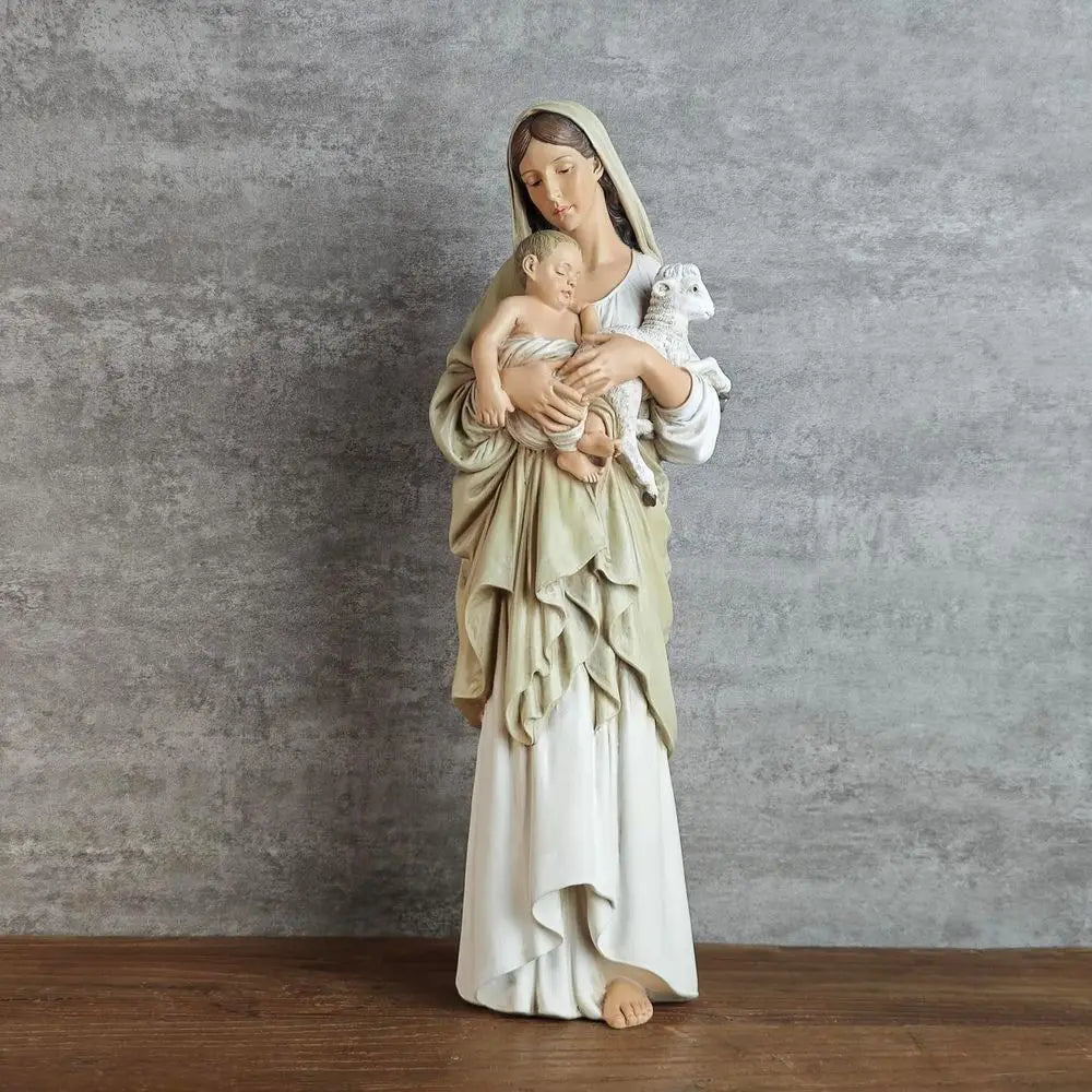 Handcrafted 13 inch Catholic Madonna Statue With Lamb, Religious Decor for Home