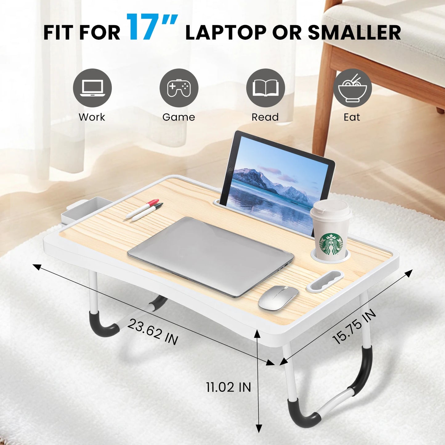 Extra-large multifunctional folding desk, portable wooden laptop bed desk with cup holder