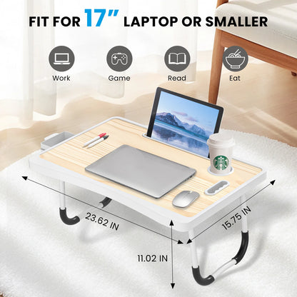 Extra-large multifunctional folding desk, portable wooden laptop bed desk with cup holder