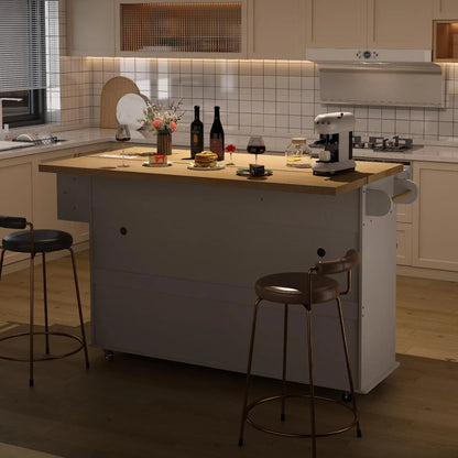 60 inch Mobile Kitchen Island, Rolling Trolley.  Drop Leaf Table Home Cart with Power Outlet, Spice, Towel Rack and Trash Bin
