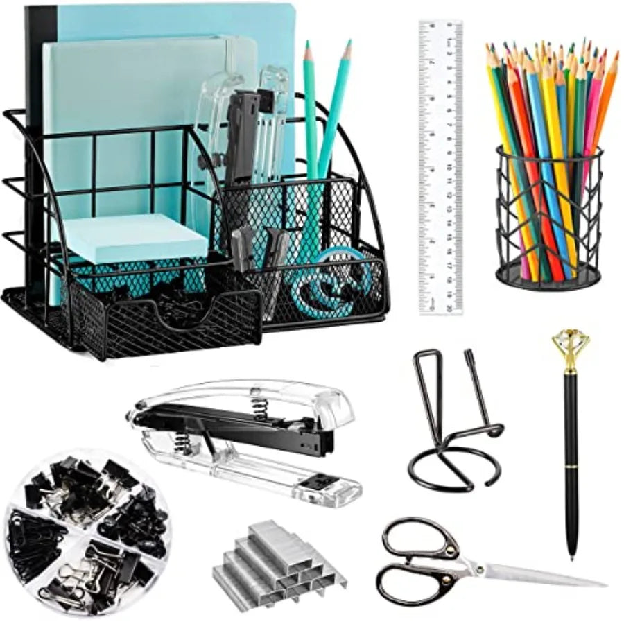 Black Desk Organizer and Accessories Office Set Stapler, Pen Holder, Phone Holder, Scissors, Pen, Ruler, 30 Paper Clips