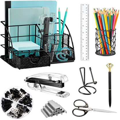 Black Desk Organizer and Accessories Office Set Stapler, Pen Holder, Phone Holder, Scissors, Pen, Ruler, 30 Paper Clips