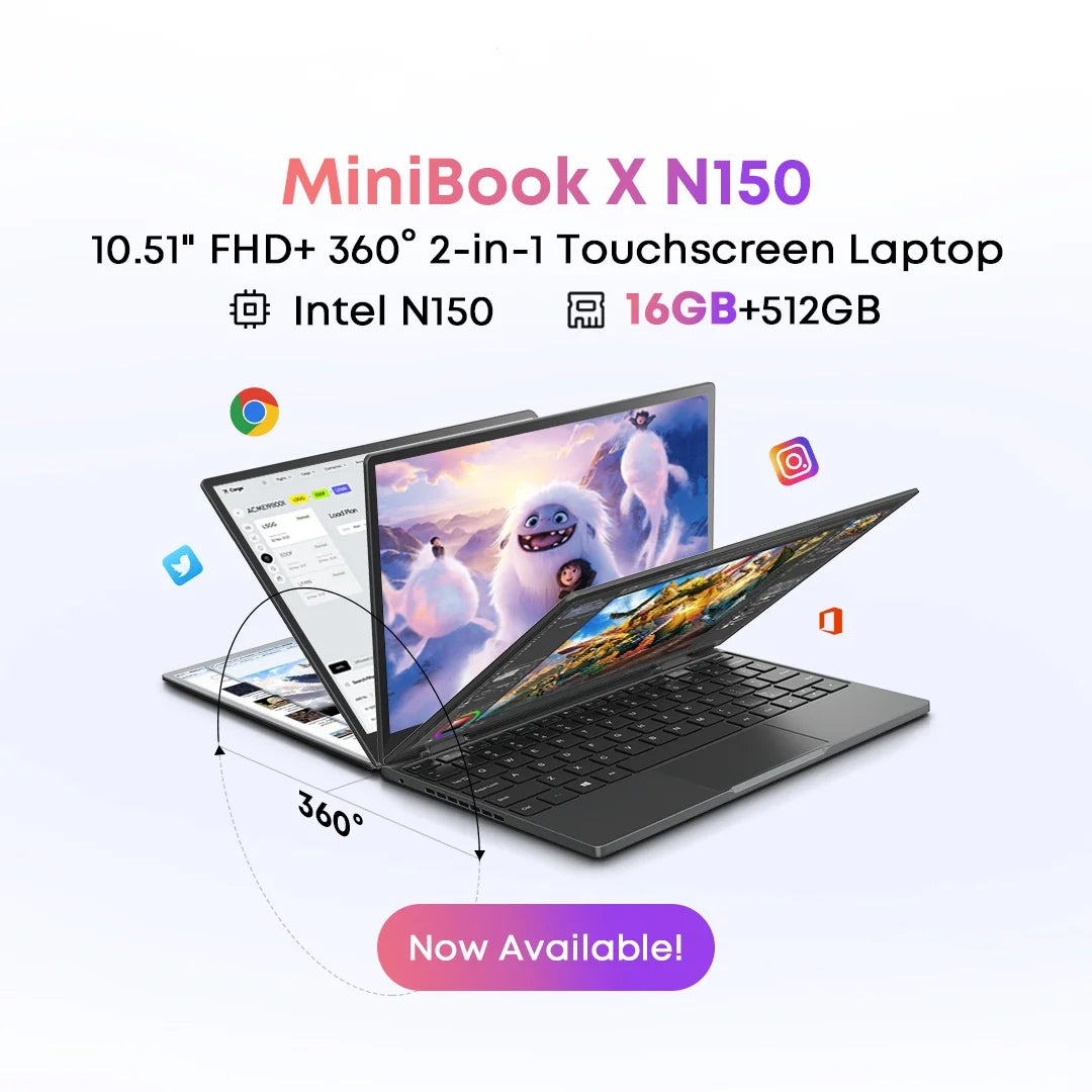 Mini-Book X 2 in 1 Laptop Intel N150(up to 3.6GHz) 512GB ROM 16GB LPDDR5 10.51" 1200x1920 FHD IPS Windows 11 Notebook