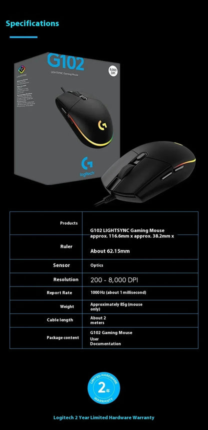 Logitech G102 Generation 6 keys 8000 DPI Wired Ergonomic Gaming Mouse