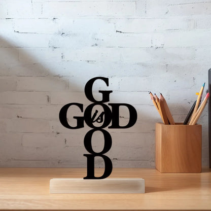 God Is God Cross Table Decor | Christian Metal Art with Wooden Base | Religious Tabletop Sign for Home, Office