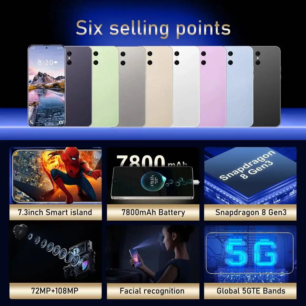 S26 Ultra Original Android Global Version 7.3Inch HD 4G 5G Dual SIM Card Facial Recognition Function 7800Mah Battery