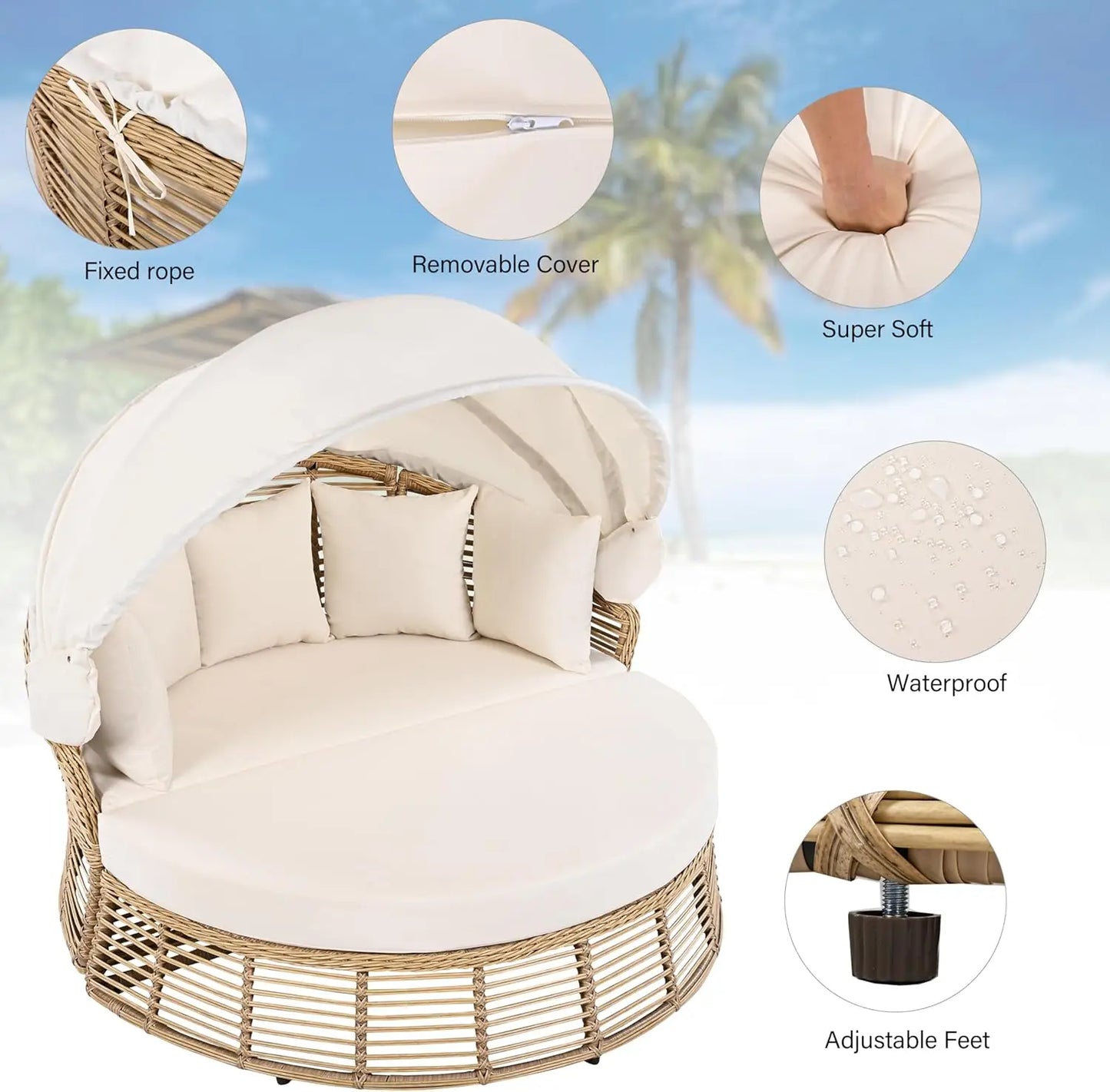 Round Outdoor Patio Rattan Daybed with Retractable Canopy Wicker Furniture Round Poolside Sofa Sunbed with Removable Cushions