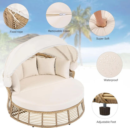 Round Outdoor Patio Rattan Daybed with Retractable Canopy Wicker Furniture Round Poolside Sofa Sunbed with Removable Cushions