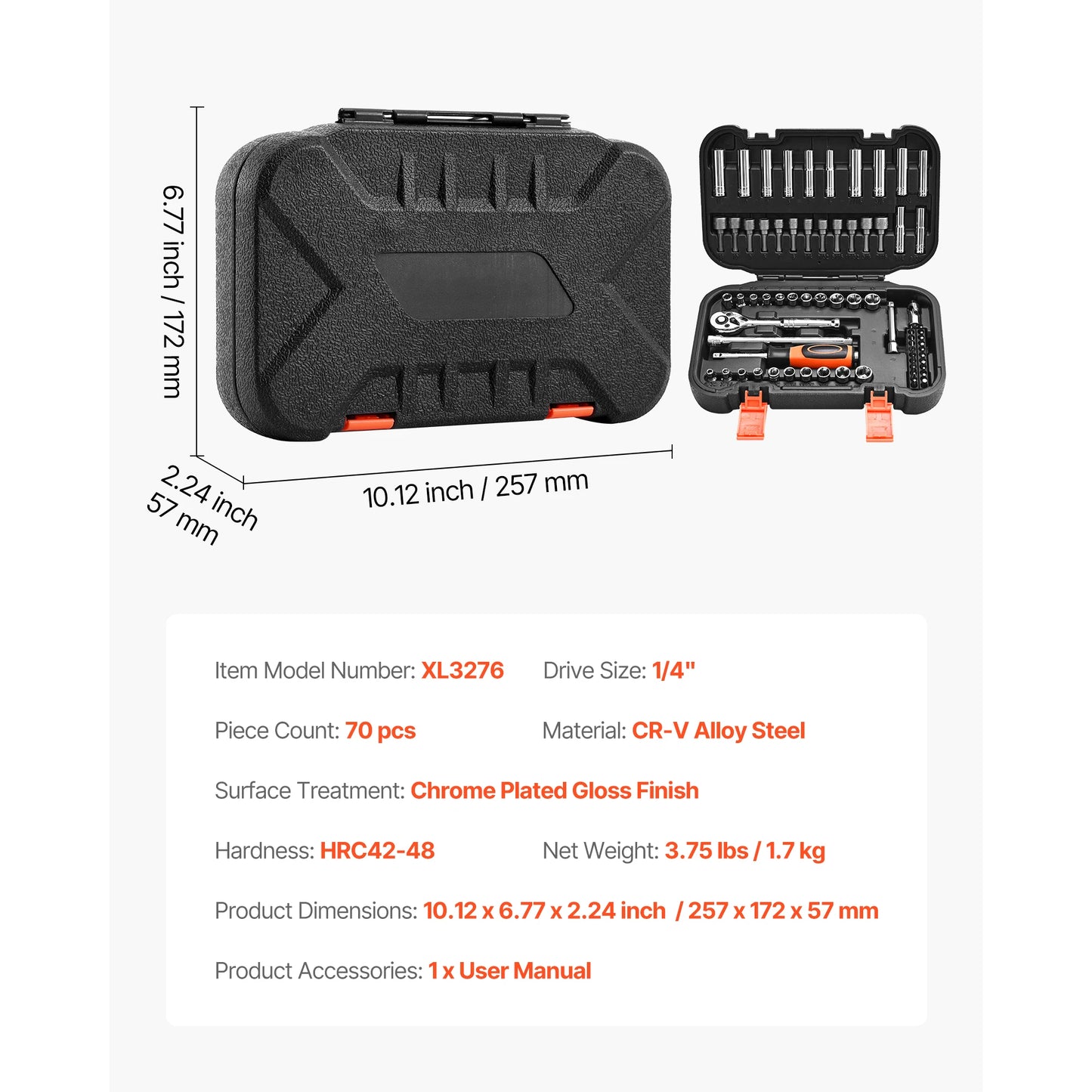 Socket Set 86 Pieces 1/4," 3/8," and 1/2inch SAE and Metric Socket and Ratchet Set