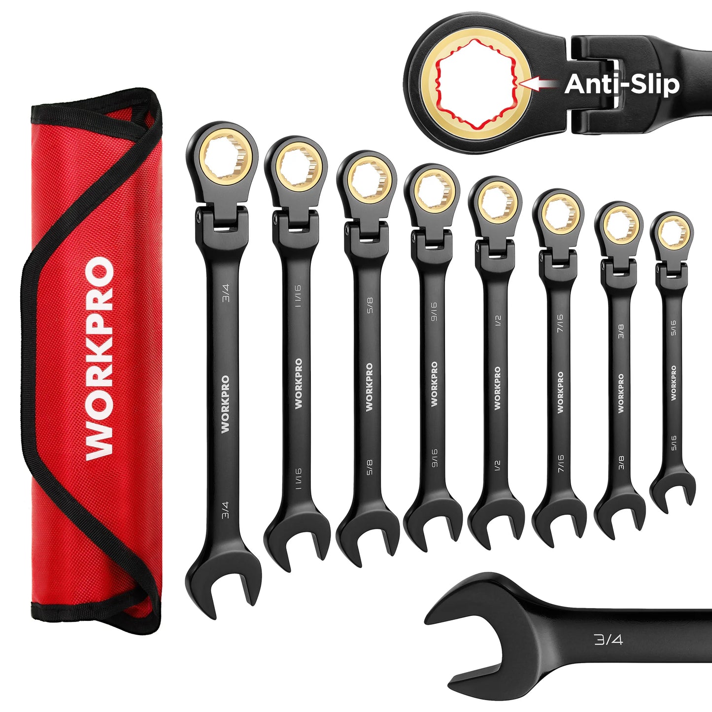 8pcs Flex-Head Ratcheting Combination Wrench Set SAE 5/16-3/4 in