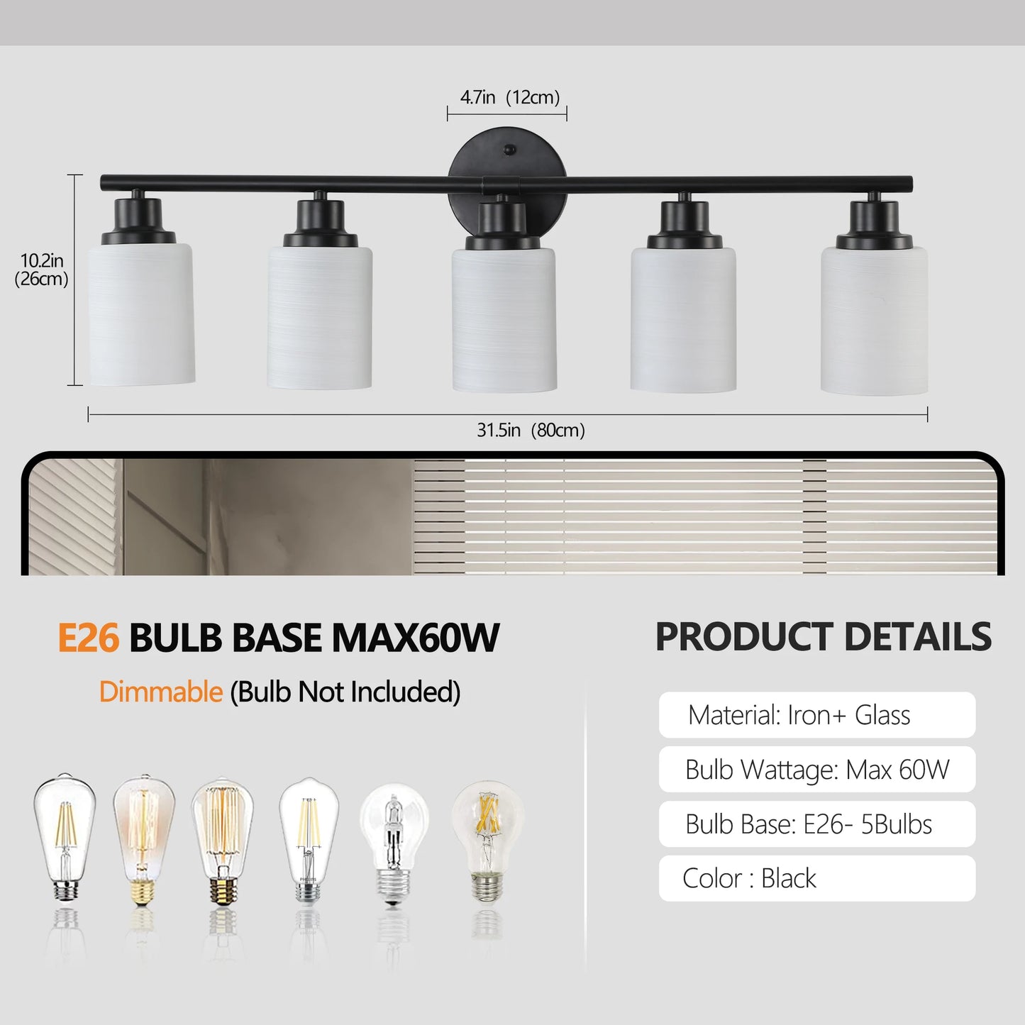Modern 4/5/6 Vanity Bathroom Mirror Lights, With Frosted White Glass Lampshades and Black Iron Frame