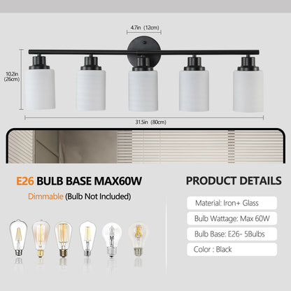 Modern 4/5/6 Vanity Bathroom Mirror Lights, With Frosted White Glass Lampshades and Black Iron Frame