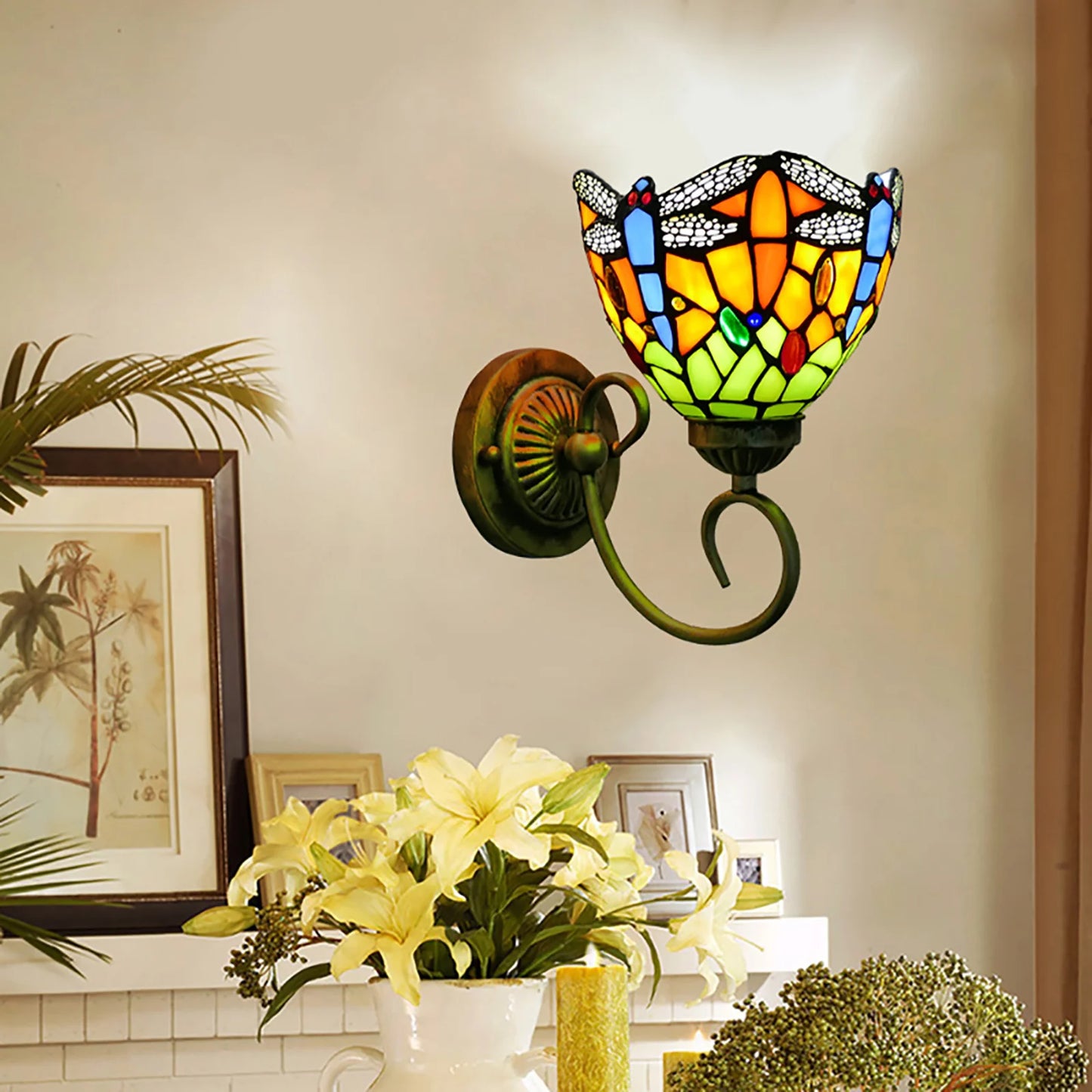 Stained Glass Wall Light, Retro Dragonfly Design With E27 Bulb Holder, Iron & Multicolor Glass Sconce