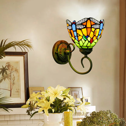 Stained Glass Wall Light, Retro Dragonfly Design With E27 Bulb Holder, Iron & Multicolor Glass Sconce