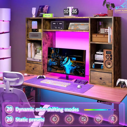 Desktop Bookshelf with LED Lights, 47.2" Desktop Organizer with 6 Shelves and 2 Drawers for Top of Desk, Multipurpose, Customized