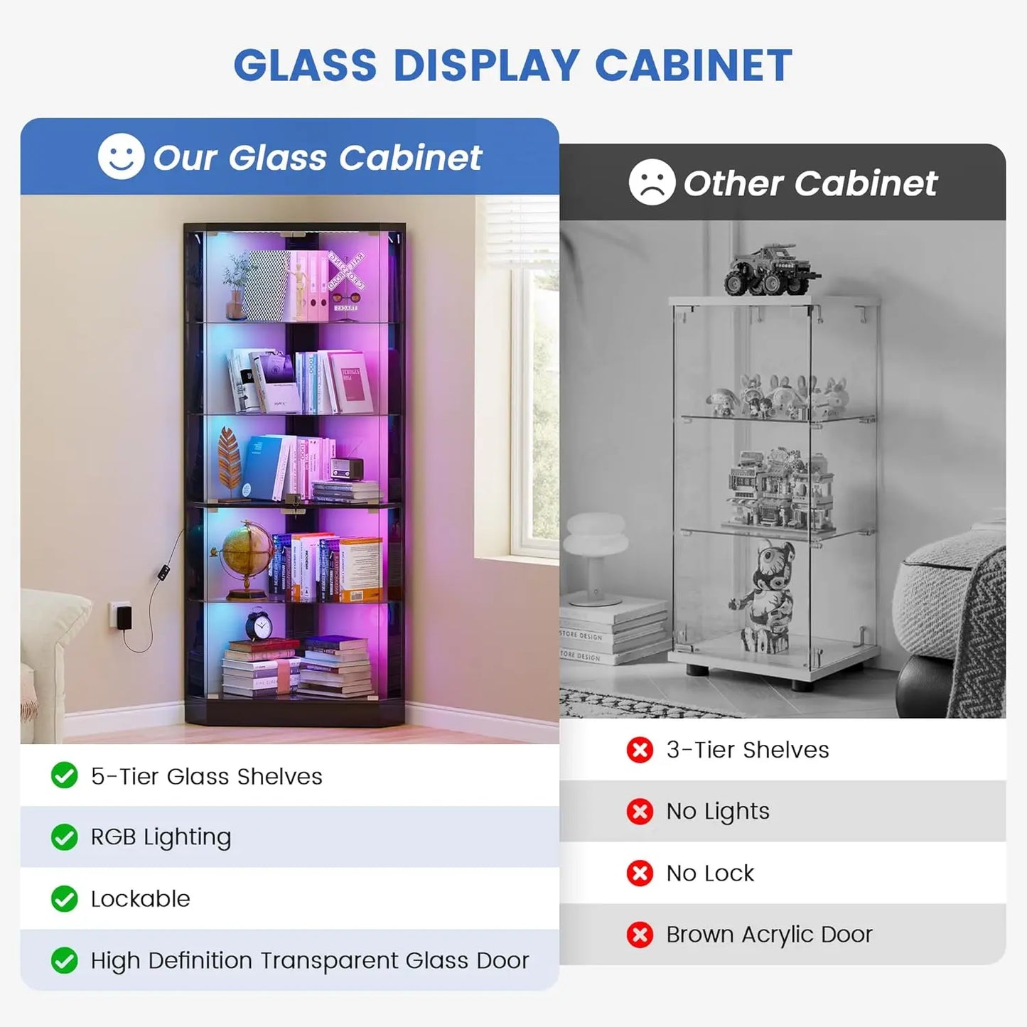 Corner Display Cabinet with RGB Lights, 5-Tiers Curio Cabinet Display Case with Lock,69" Tall