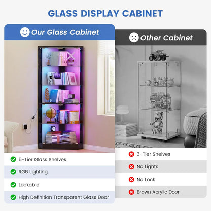 Corner Display Cabinet with RGB Lights, 5-Tiers Curio Cabinet Display Case with Lock,69" Tall